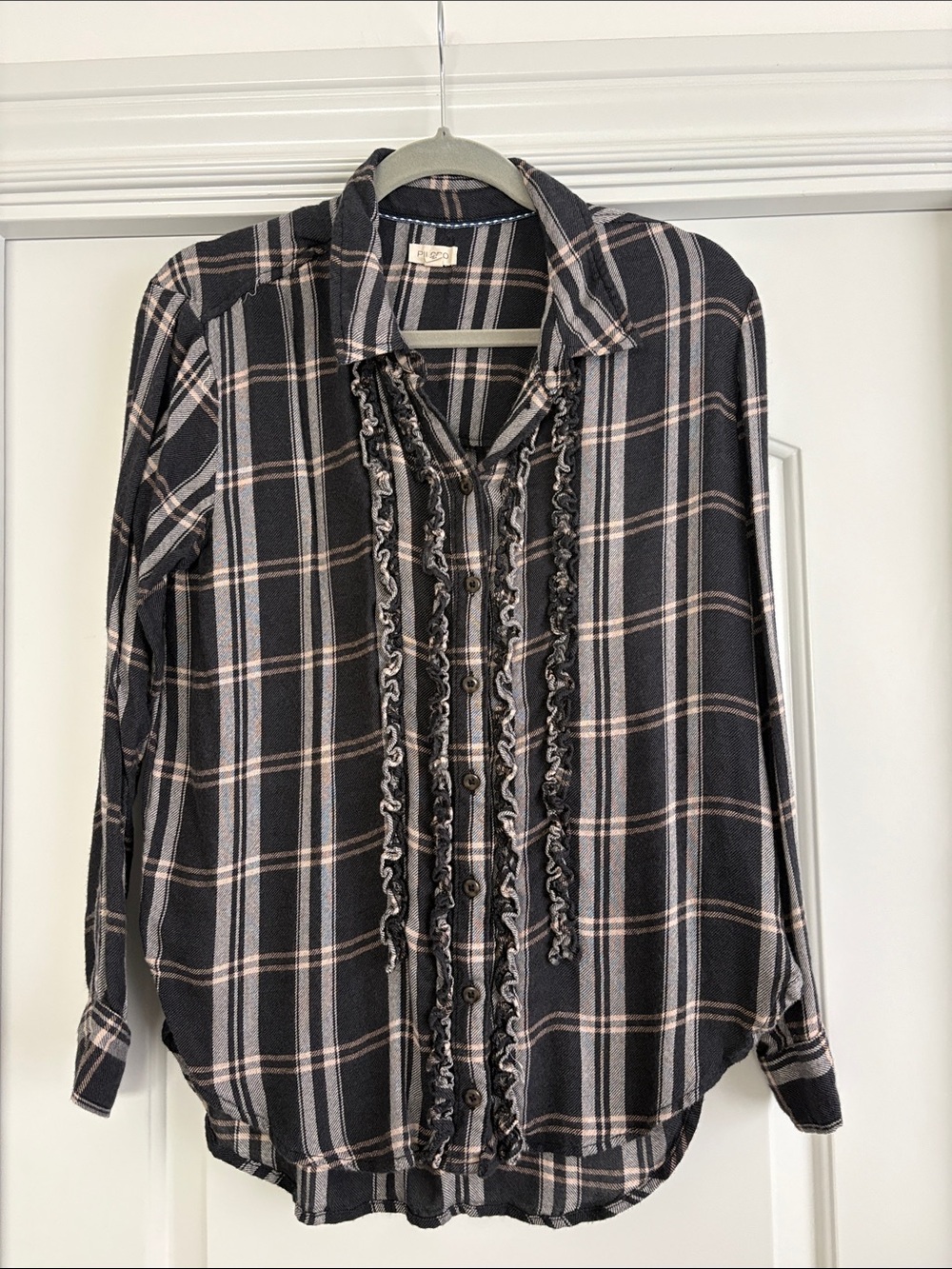 Anthropologie (Pilcro) Woven Ruffle-Trim Plaid Button-Up Shirt - Black/Cream